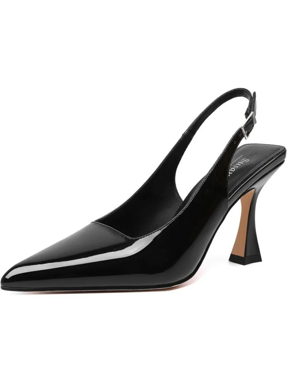Women's Black Patent Slingback Kitten Pump Closed Pointy Toe Chunky Heel Shoes